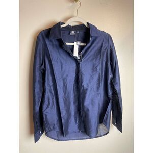 NWT Madison Mathews Karen Navy Silk Button Down Blouse Sz. M